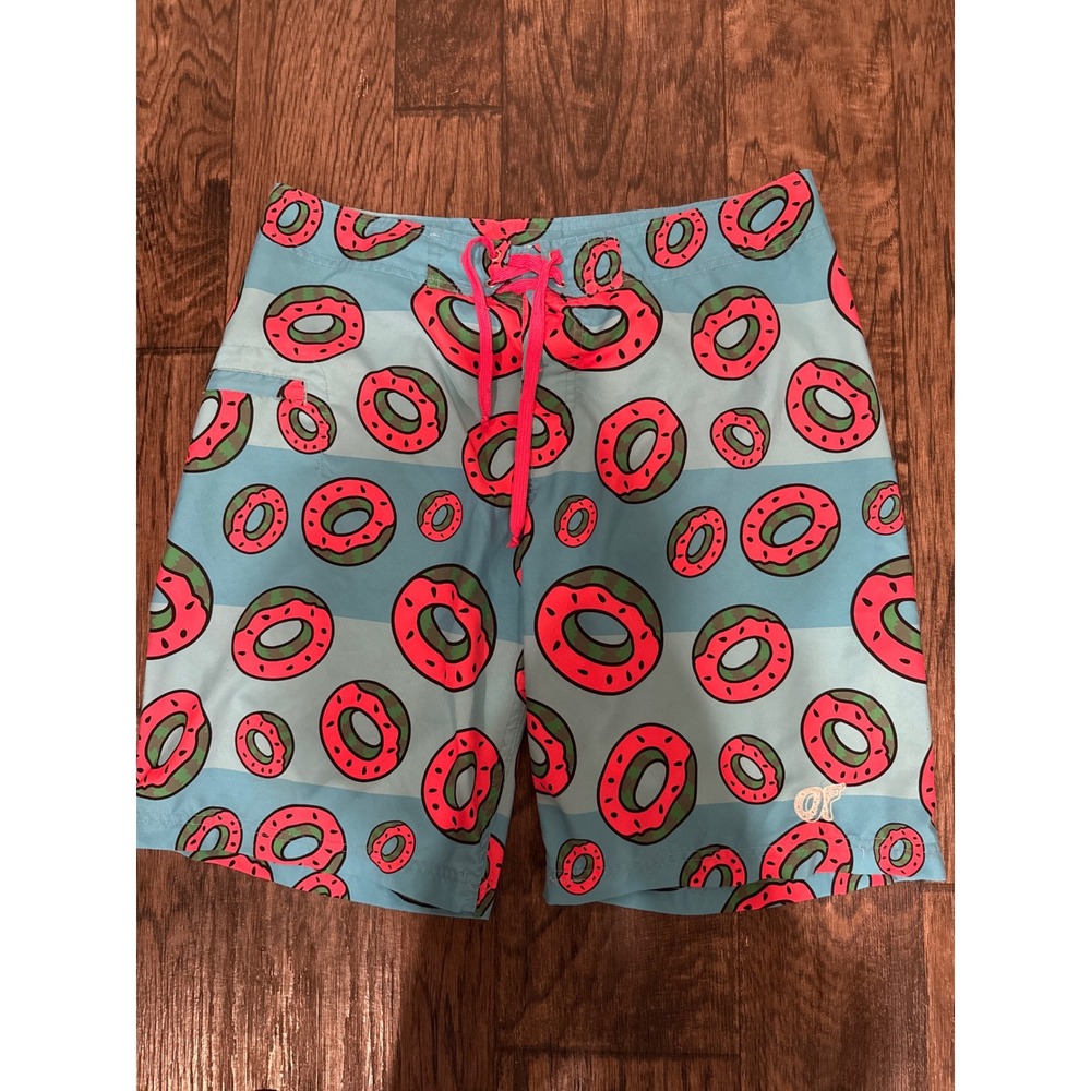 Odd Future Donut Swim Trunks, Blue Striped Swim Shorts, Mens Casual